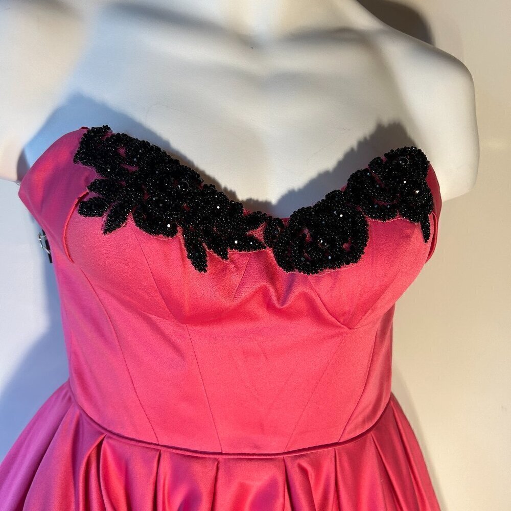 Angela & Alison SZ 0 Hot Pink satin dress black beading party formal prom retro - Picture 2 of 11